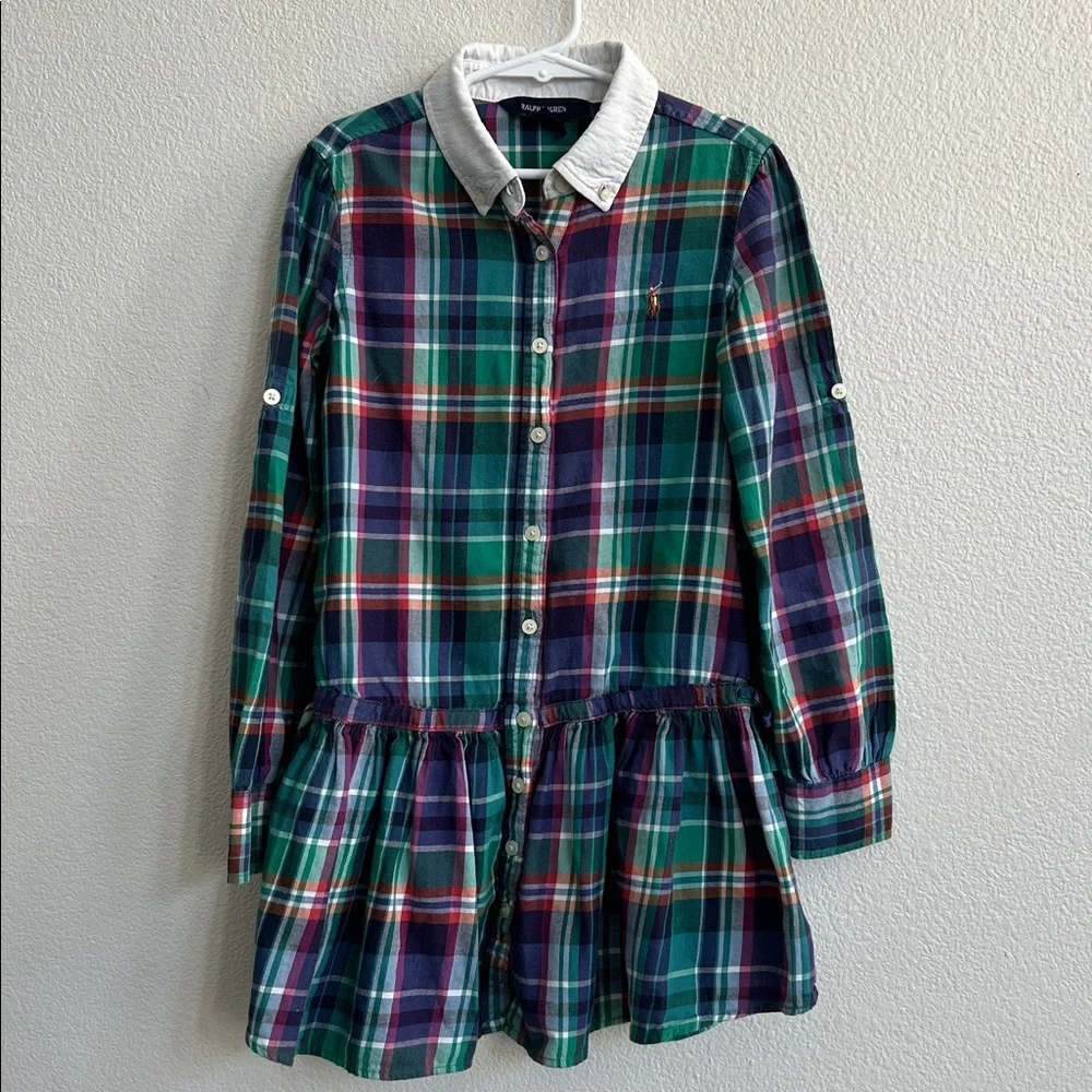 RALPH LAUREN Midi Shirt Dress Flounce Hem Girls Multicolor Madras Plaid Size 7